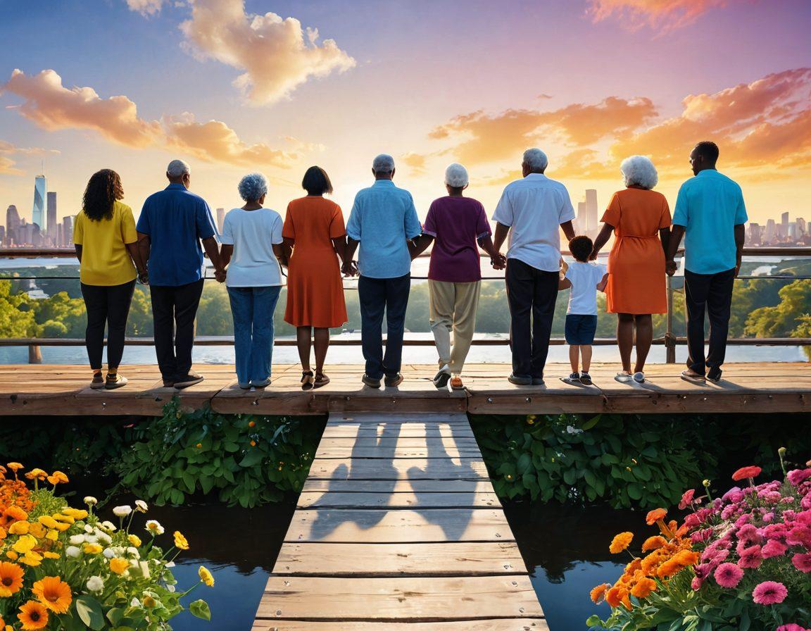 A diverse group of individuals from various backgrounds, ages, and abilities, standing together on a vibrant bridge symbolizing unity. Each person holds hands, surrounded by colorful flowers and greenery, showcasing acceptance and support. In the background, a bright skyline represents hope and future connections. Include warm, inviting light to enhance the atmosphere of unity. super-realistic. vibrant colors. white background.